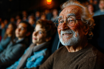 Obraz premium Elderly man enjoying a movie in a theater, smiling with an audience around him
