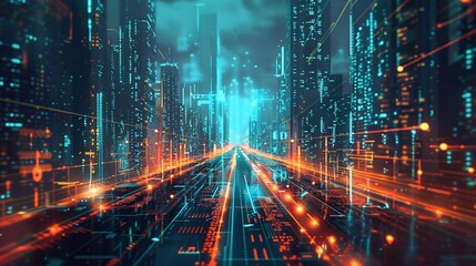 Obraz premium Digital Futuristic Cityscape of Fast Business Success Achievement