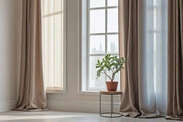 Window with Minimalist Decor: A glass window with two doors, framed by a simple, solid-colored curtain in a muted tone.
