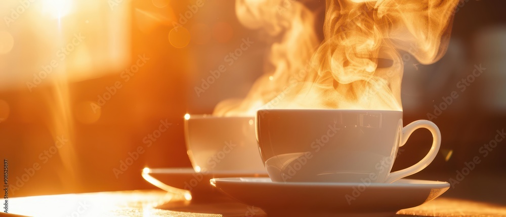 Aufkleber abstract array of hot beverages, with steaming coffee cups and tea pots flying in an empty space, li