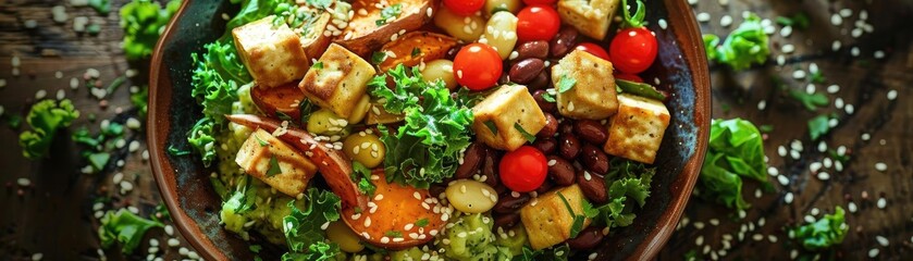 Vibrant bowl of fresh salad featuring kale, cherry tomato, tofu, and kidney bean topped with herbs and seeds, perfect for healthy eating.