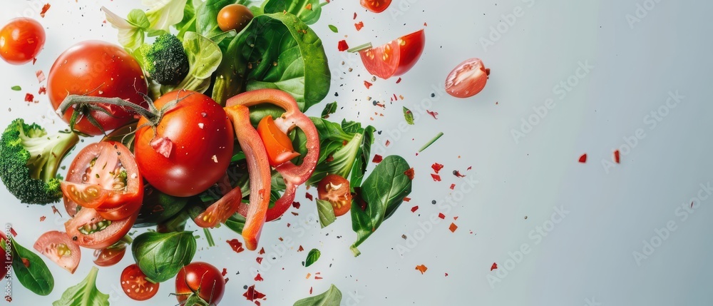 Aufkleber abstract collection of colorful vegetables, exploding in an empty background with a light effect, su