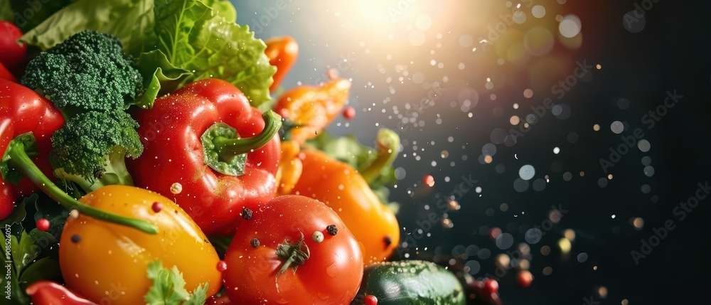 Aufkleber abstract collection of colorful vegetables, exploding in an empty background with a light effect, su