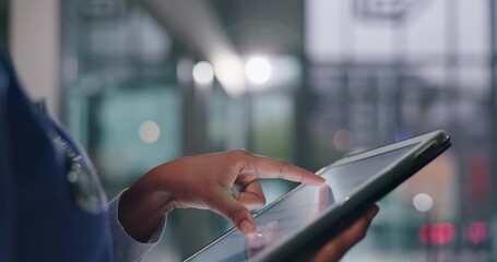 Doctor, hands and screen of tablet in hospital for clinical data, health metrics and vital signs or patient demographics. Closeup, person and online for medical analysis and statistics for review. - Powered by Adobe
