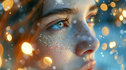 Tranquil Portrait with Soft Glowing Lights - Close-up of Serene Facial Expression Surrounded by Blur of Illumination