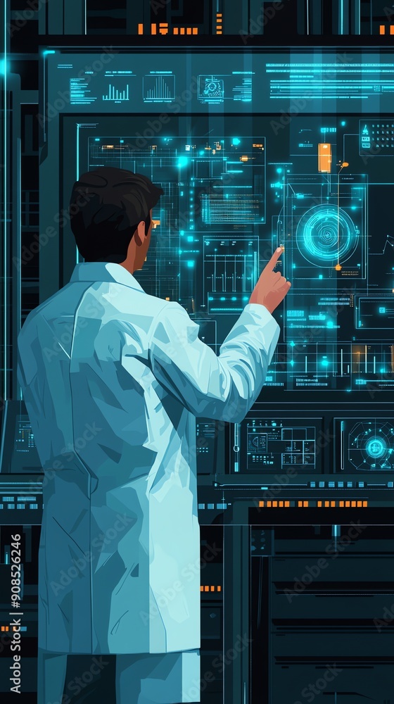 Poster Scientist analyzing data on futuristic interface.