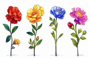 Collection of 2D and 3D Vector Flat Abstract Minimalistic Art of Flowers and Meadow Isolated on a White Background