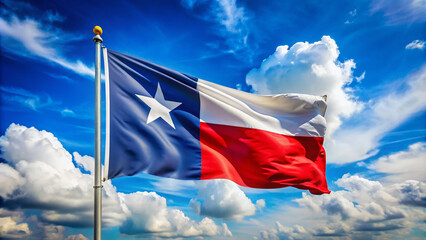 Vibrant Lone Star State flag waving proudly in the wind against a bright blue sky with fluffy white clouds in the Texas countryside.