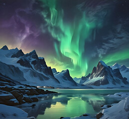 Obraz premium Northern Lights over the sea, snowy mountains at starry winter night. Aurora borealis in Lofoten islands, Norway. Sky with polar lights. Landscape with aurora, beach, sky, reflection in water. Space
