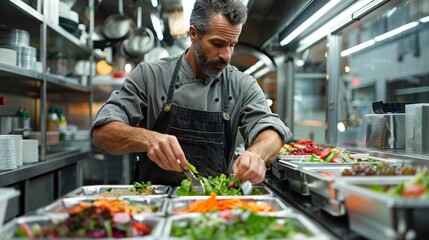 Creative Chef Making Fresh Salads in Contemporary Food Truck Kitchen