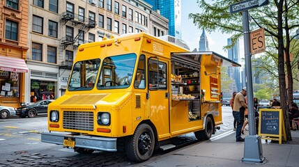 Fototapeta premium Vibrant Food Truck in Urban Setting Offering Nutritious Lunch Choices