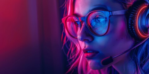 Naklejka premium Intense and focused girl gaming with headphones, illuminated by colorful neon lights, showcasing concentration.