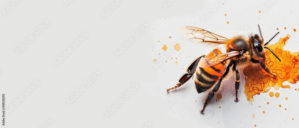 Poster light water color of a bee hovering over a flower in a modern explosion of color