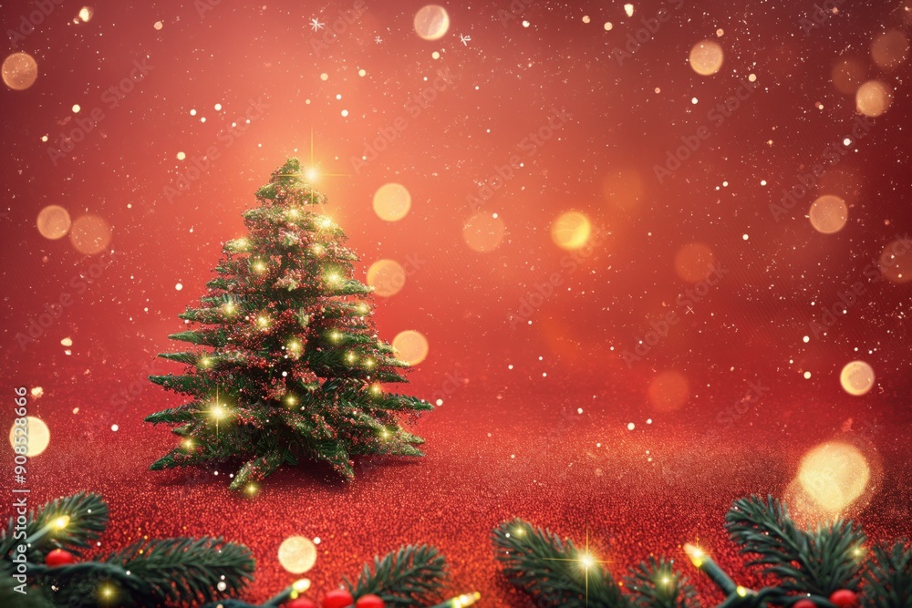 Poster christmas background featuring a spruce tree on red canvas with sparkle bokeh lights creating a fest