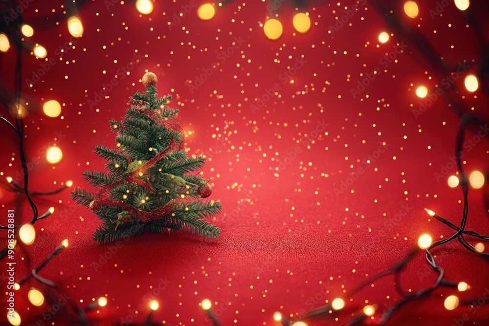 Aufkleber christmas background with red canvas and sparkle bokeh lights on a spruce tree. plants and festive d