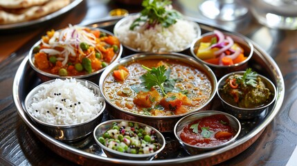 Authentic Indian Thali Meal with Rice, Dal, Vegetables, and Pickles on Decorative Plate