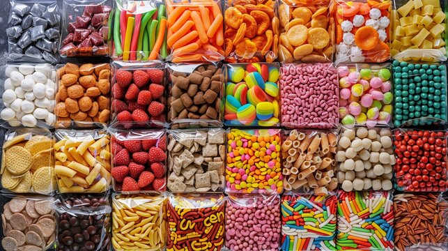 Variety of Colorful Junk Food Snacks in Assorted Packaging on Display Shelf