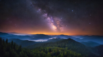 Naklejka premium Picture forest view fog at night starry sky galaxy