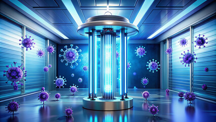 High-intensity ultraviolet light disinfects surfaces, effectively killing germs and bacteria, while a futuristic background highlights the advanced technology behind this sanitation method.