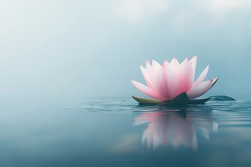 A serene pink lotus flower floating on water with a misty blue background, creating an ethereal light and zen atmosphere. High-resolution professional photograph.