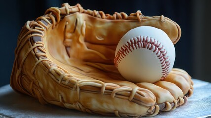 Softball cake with a fondant glove holding a detailed softball, softball cake, creative sports celebration