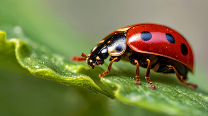 Obraz premium Macro photo of a ladybug on a leaf.