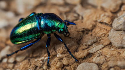 Fototapeta premium Black beetle, isolated on green leaf, macro wildlife photography