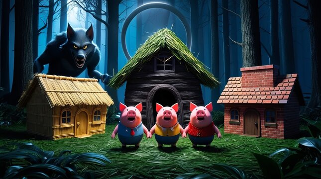 3D illustration of a children's story about three little pigs building a house and a wolf.