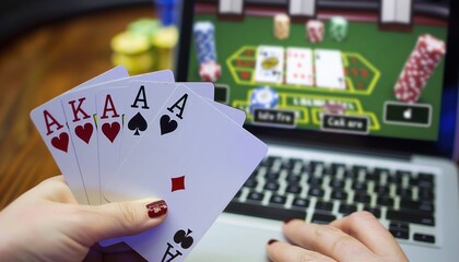 A person is currently holding a set of playing cards right in front of a laptop computer