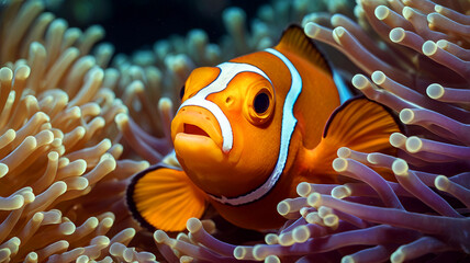 Nemo fish hides in the delicate anemone sheath along the water.
