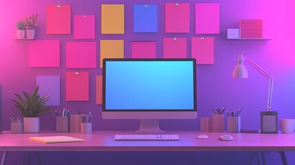Modern home office workspace with computer, desk lamp, and colorful wall decor.