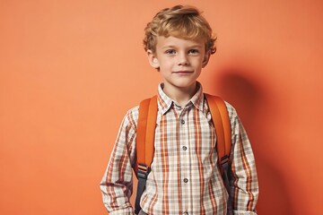 Portrait of a young school boy in a suit with backpack, Happy student school boy ready to go to school on plain color background