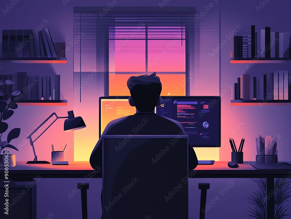 Poster programmer working late at night in his home office.