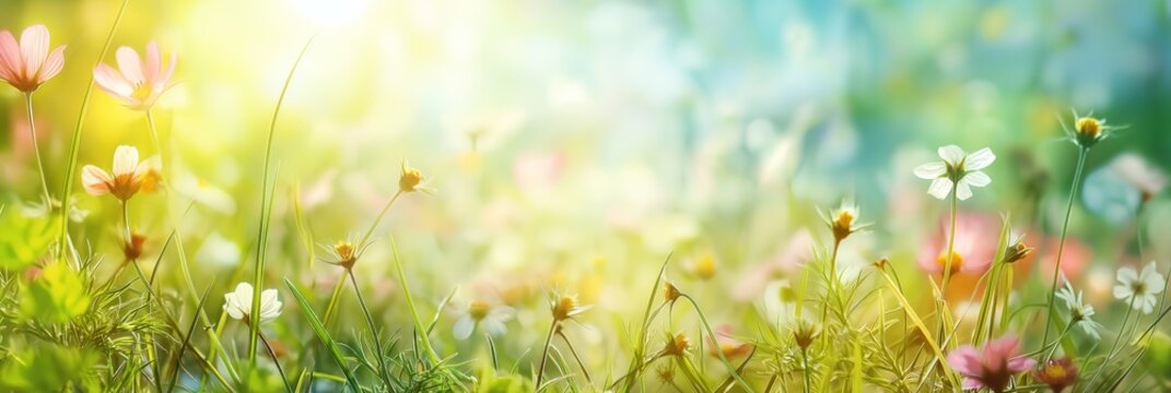 Soft focus abstract background features vibrant green grass, flowers blooming in spring. Sunny sky with white fluffy clouds. Fresh landscape photography.