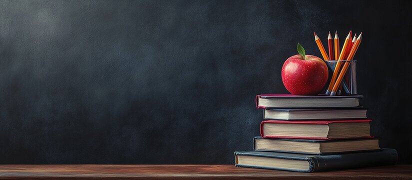 An apple and several colored pencils on a desk, with books stacked in a pencil quarter view style against a dark green chalkboard background providing copy space.