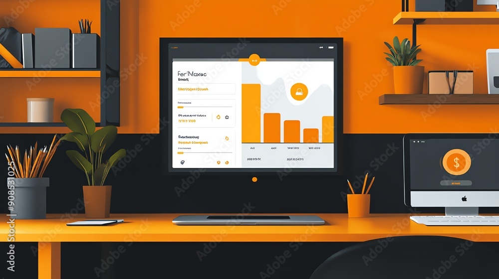Aufkleber modern workspace with desktop and laptop.
