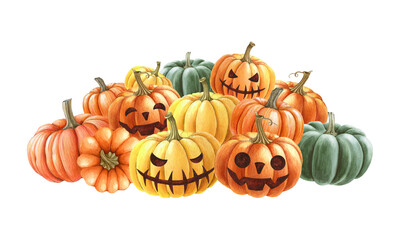 Halloween pumpkin pile painted illustration. Hand drawn scary spooky faces curved in ripe orange autumn pumpkins group. Halloween traditional decoration on white background