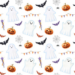 Halloween funny ghost decor seamless pattern. Hand drawn painted illustration. Spooky ghosts, pumpkin, bat, spider web, flag garland decor element. Halloween collection seamless pattern decoration