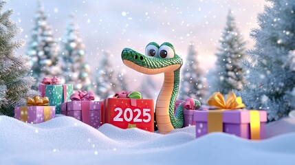 A playful 3D cartoon snake with "2025" inscription sits among a heap of gifts in a snowy setting, surrounded by frosted trees. The holiday-themed backdrop is festive and cheerful.