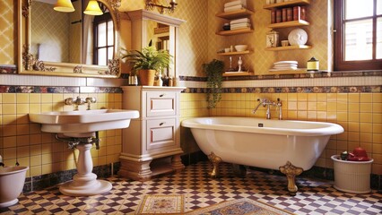 Elegant Bathroom with Yellow Tiles, Clawfoot Tub, and Pedestal Sink