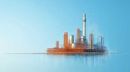 Obraz premium A futuristic industrial landscape featuring a refinery silhouette against a clear blue sky, symbolizing modern energy production.