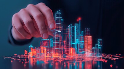 A futuristic hand interacting with a glowing, holographic cityscape, showcasing innovation and digital architecture.