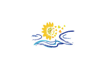Sun sea wave logo, vintage summer symbol, retro wild nature marine concept design. Sun sea wave logo, vintage summer symbol and retro wild nature marine concept design in white background. 