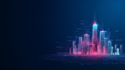 Futuristic cityscape with glowing buildings and abstract data visualization, representing technology and modernization.