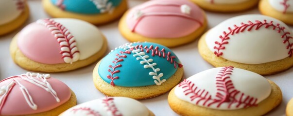 Obraz premium Closeup of softball cookies decorated with icing in team colors, perfect for sports events