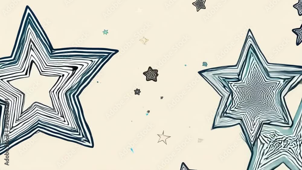 Poster decorative stars in multiple colors and patterns drift across a soft, light backdrop, creating a whi