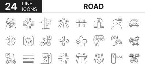 Collection of 24 road line icons featuring editable strokes. These outline icons depict various modes of road, roadhighwayroute, iconset, line, carsigns, street, intersection, 