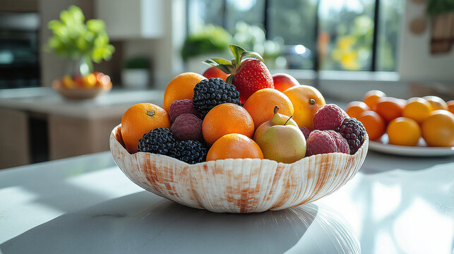 A telephoto angle photo of a rapan shell decorative bowl filled with fresh fruit, placed on a kitchen island, highlighting its functional and aesthetic appeal, with copy space