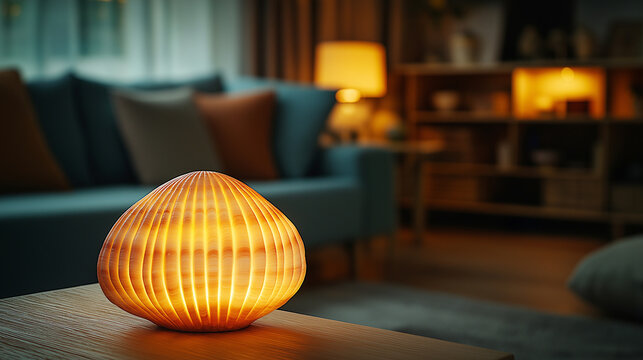 A telephoto angle photo of a handcrafted rapan shell lamp casting a soft glow in a cozy living room, emphasizing the artistic design and warm lighting, with copy space