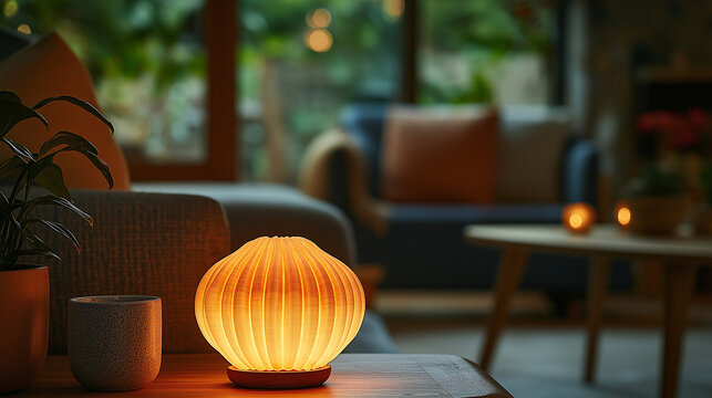 A telephoto angle photo of a handcrafted rapan shell lamp casting a soft glow in a cozy living room, emphasizing the artistic design and warm lighting, with copy space